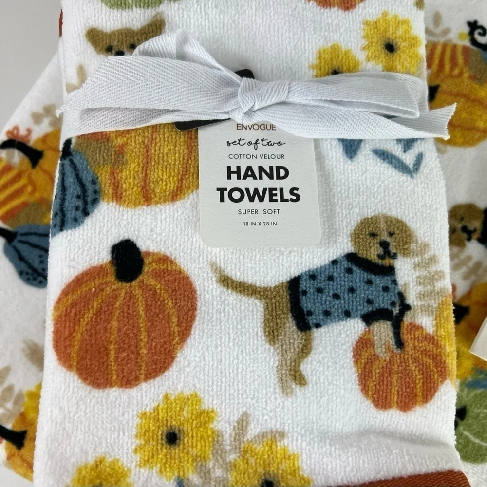 Envogue Bath Towel Set Pumpkins Puppies Dogs Cotton Velour - 4 Piece Set - NEW